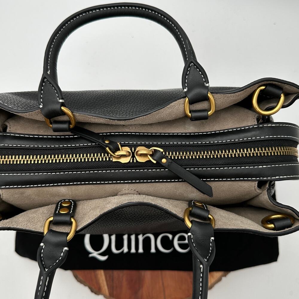 NEW Quince Italian Leather Medium Convertible Satchel Bag Black Brown Handles - Picture 5 of 16